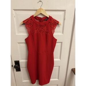 Express Women's Cocktail Dress Red Lace Sleeveless Stretch‎ Bodycon Size 8